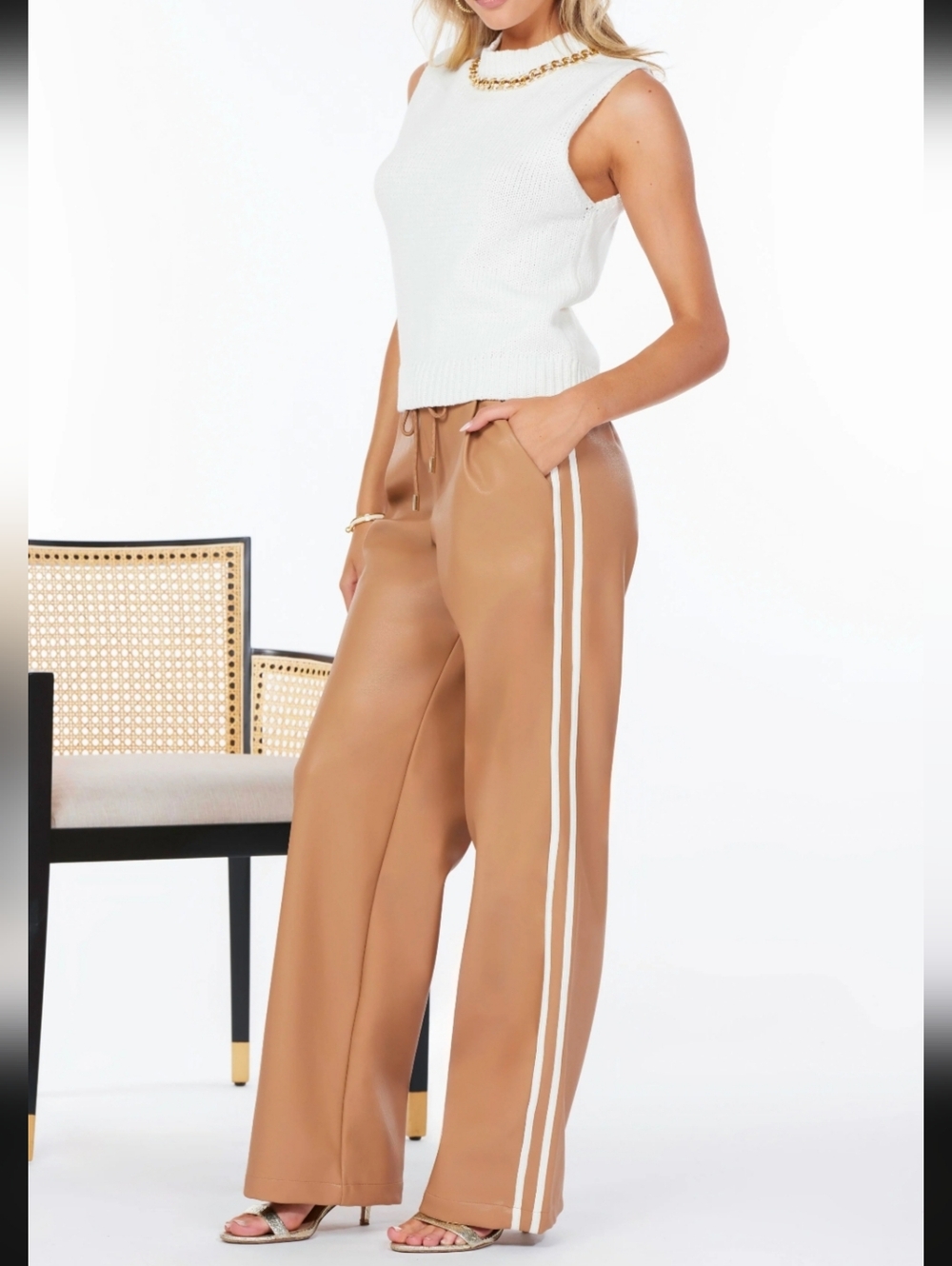 NWT Bishop + young AnthropologieTan Wide-Leg Faux leather Track Pant Joggers